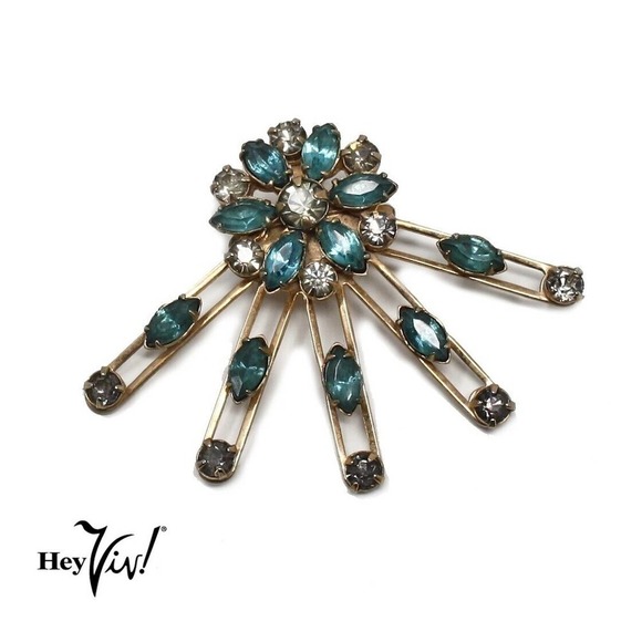 Vintage Set Can be Worn as a Necklace or Pin Blue Rhinestone Starburst -Hey Viv - Picture 6 of 8